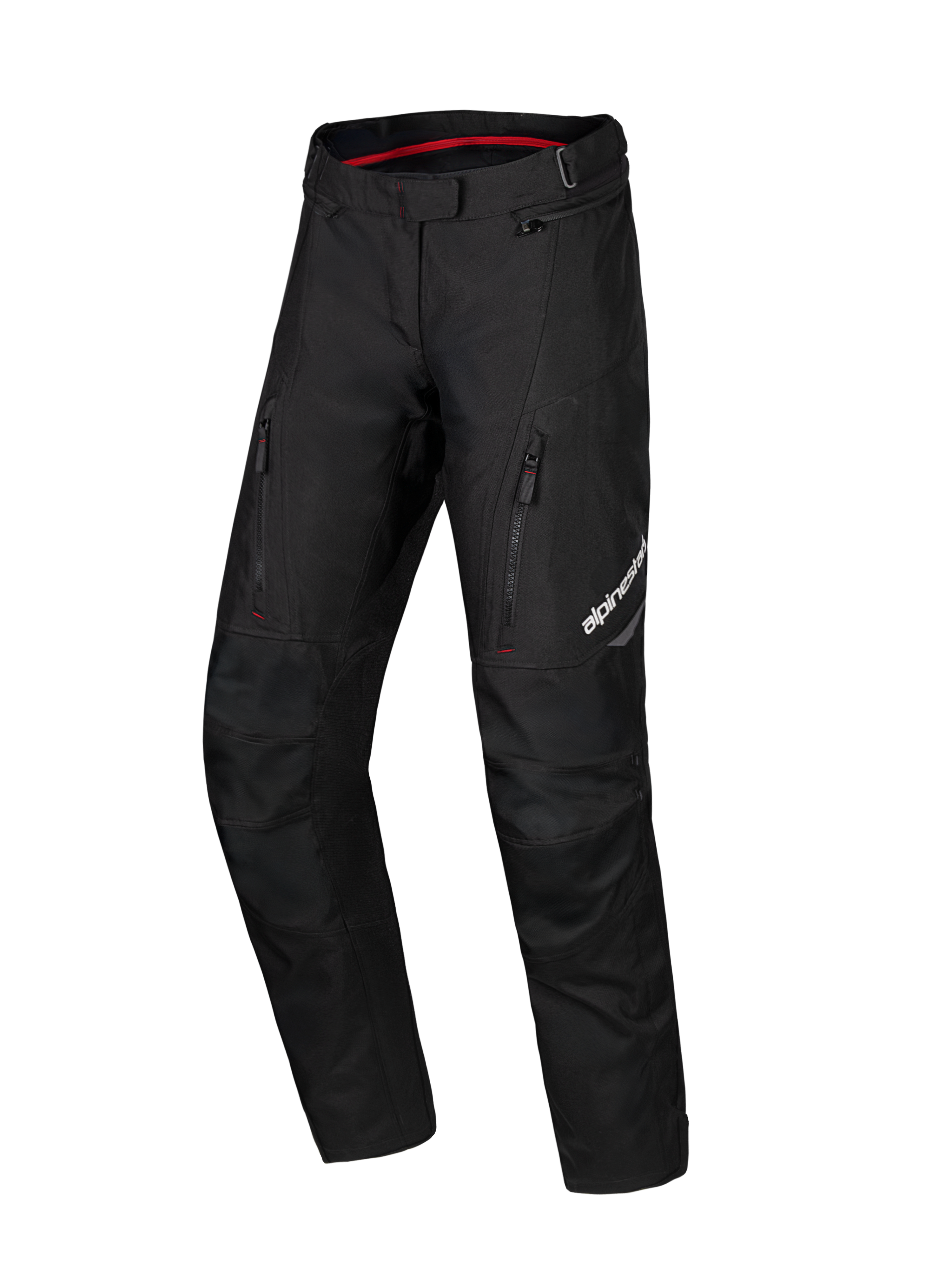 Alpinestars Honda Stella ST-1 Waterproof Pants, czarne damskie spodnie motocyklowe turystyczne, czerwona podszewka pasa, dwie pionowe kieszenie na udach zapinane na zamek, logo Alpinestars na nogawce, wytrzymała odzież tekstylna adventure