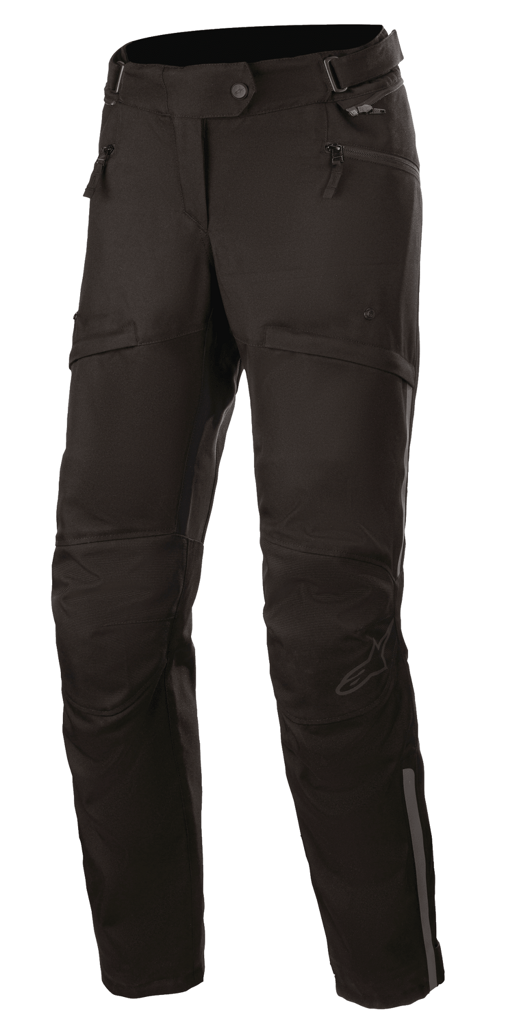 Alpinestars Stella AST-1 V2 Waterproof Pants, damskie spodnie motocyklowe turystyczne, czarne, wyposażone w kieszenie na zamek, wzmocnione panele na kolanach, regulowany pasek w talii i odblaskowe akcenty.