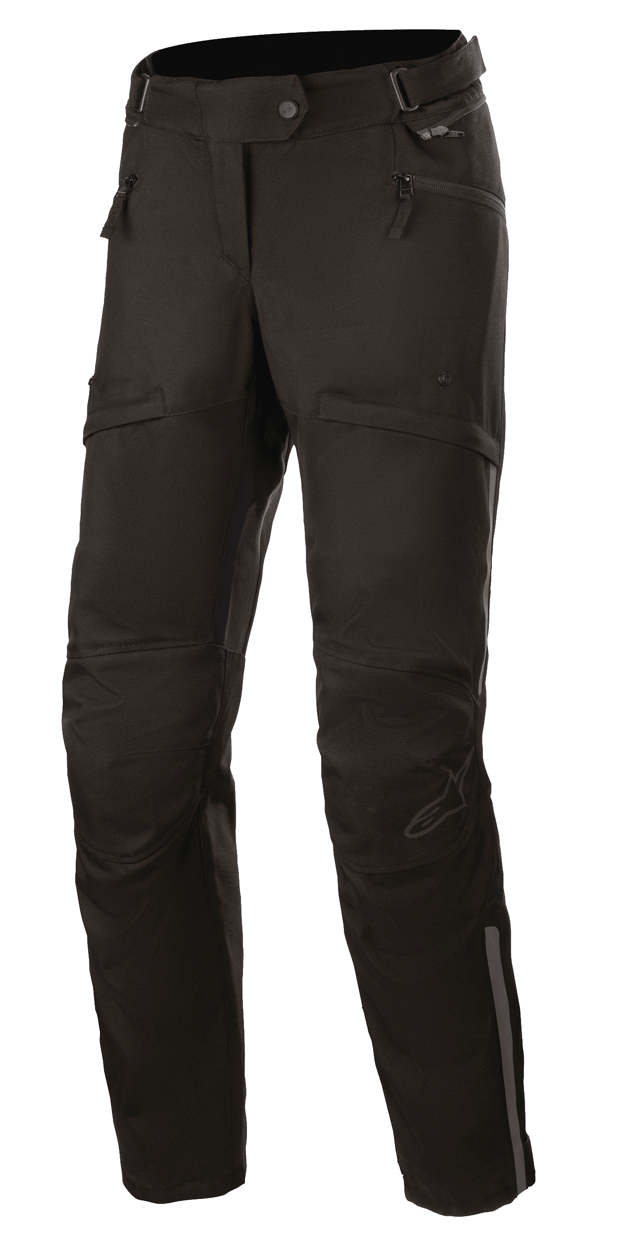 Alpinestars Stella AST-1 V2 Waterproof Pants, damskie spodnie motocyklowe turystyczne, czarne, wyposażone w kieszenie na zamek, wzmocnione panele na kolanach, regulowany pasek w talii i odblaskowe akcenty.