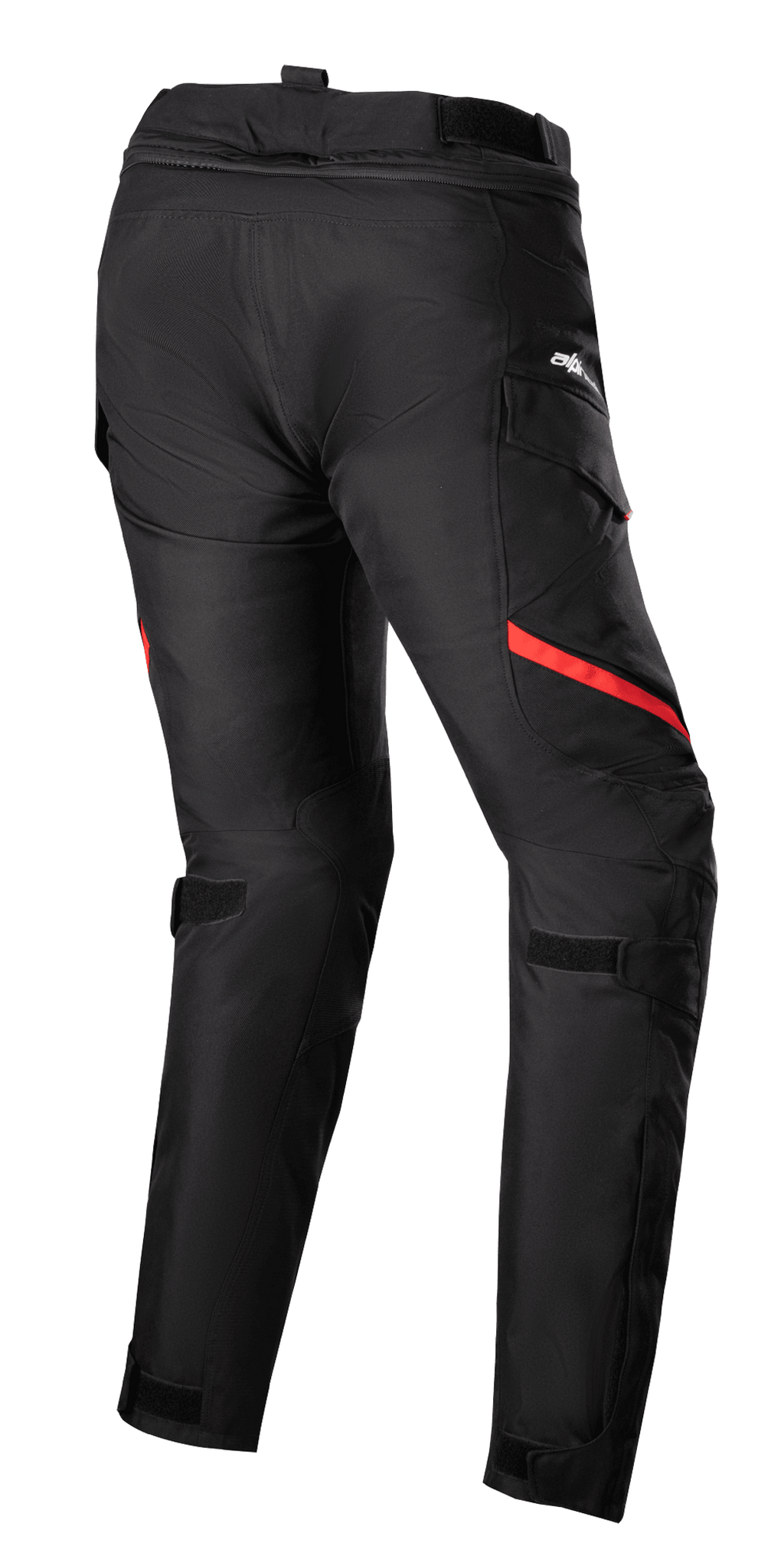 Damskie spodnie Alpinestars Stella Honda Andes V3 Drystar®, motocyklowe spodnie turystyczne, czarne z jaskrawoczerwonymi akcentami, widok z tyłu z kieszeniami cargo, regulowane paski w pasie i na kolanach, wytrzymała tekstylna konstrukcja do jazdy w każdych warunkach pogodowych