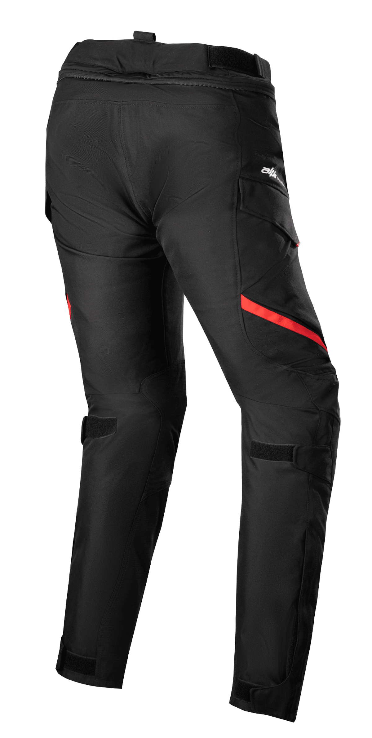 Damskie spodnie Alpinestars Stella Honda Andes V3 Drystar®, motocyklowe spodnie turystyczne, czarne z jaskrawoczerwonymi akcentami, widok z tyłu z kieszeniami cargo, regulowane paski w pasie i na kolanach, wytrzymała tekstylna konstrukcja do jazdy w każdych warunkach pogodowych