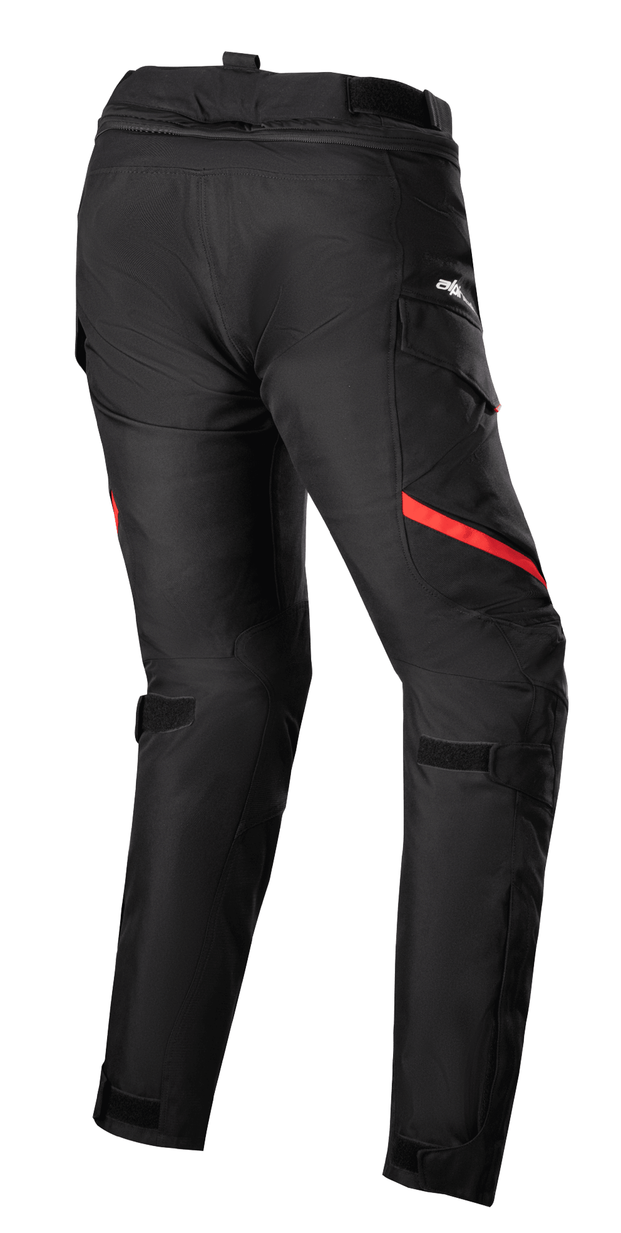 Damskie spodnie Alpinestars Stella Honda Andes V3 Drystar®, motocyklowe spodnie turystyczne, czarne z jaskrawoczerwonymi akcentami, widok z tyłu z kieszeniami cargo, regulowane paski w pasie i na kolanach, wytrzymała tekstylna konstrukcja do jazdy w każdych warunkach pogodowych