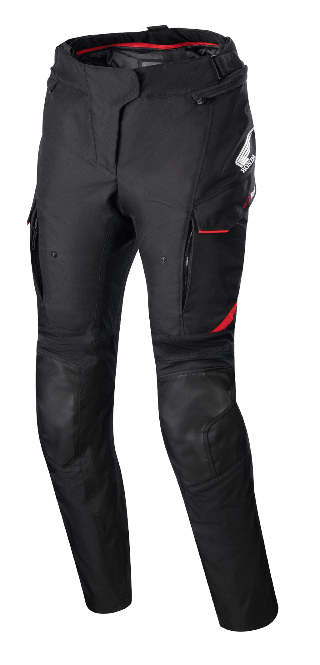 Alpinestars Stella Honda Andes V3 Drystar, damskie tekstylne spodnie motocyklowe, czarne z jaskrawoczerwonymi akcentami, logo Honda i Alpinestars, kieszenie cargo z czerwonym wykończeniem, wzmocnione panele na kolanach, regulacja w talii, czerwona podszewka w pasie