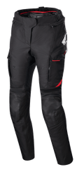 Alpinestars Stella Honda Andes V3 Drystar, damskie tekstylne spodnie motocyklowe, czarne z jaskrawoczerwonymi akcentami, logo Honda i Alpinestars, kieszenie cargo z czerwonym wykończeniem, wzmocnione panele na kolanach, regulacja w talii, czerwona podszewka w pasie