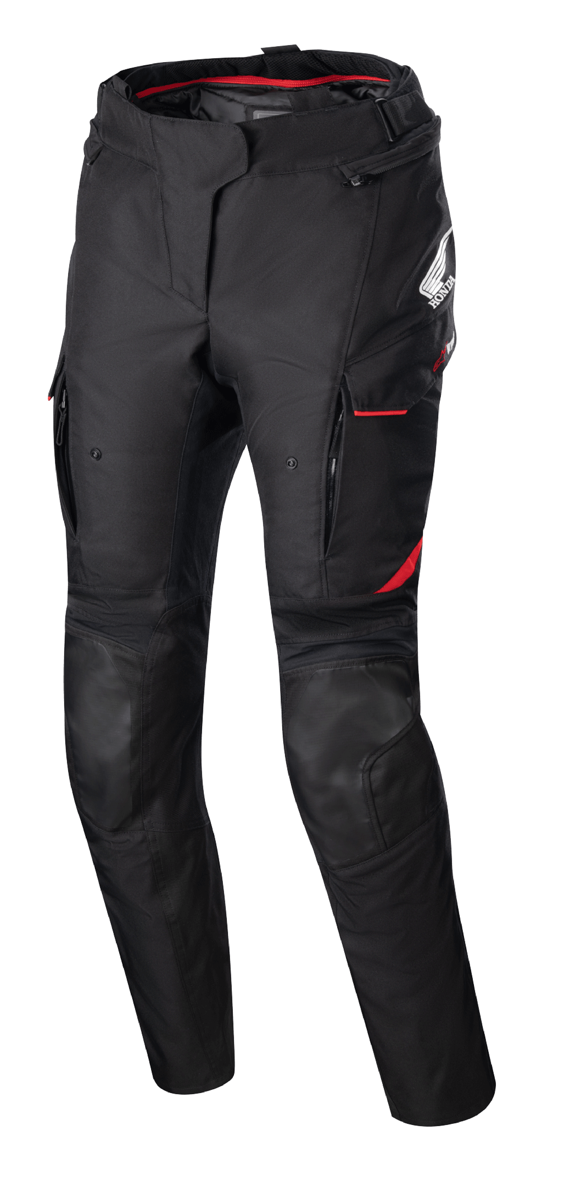 Alpinestars Stella Honda Andes V3 Drystar, damskie tekstylne spodnie motocyklowe, czarne z jaskrawoczerwonymi akcentami, logo Honda i Alpinestars, kieszenie cargo z czerwonym wykończeniem, wzmocnione panele na kolanach, regulacja w talii, czerwona podszewka w pasie