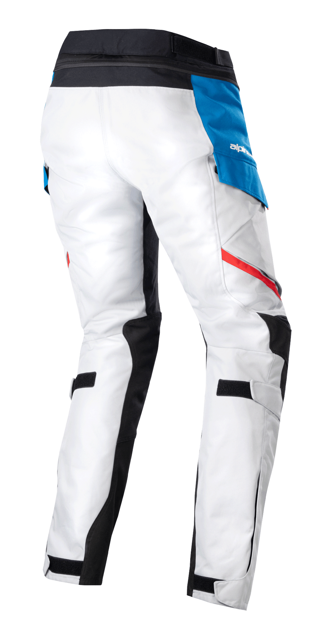 Spodnie damskie Alpinestars Stella Honda Andes V3 Drystar®, turystyczne spodnie motocyklowe Adventure, Ice Gray Blue Bright Red, widok z tyłu przedstawiający jasnoszarą konstrukcję tekstylną, niebieską kieszeń boczną z białym logo, czarny pas i czerwone akcentujące paski