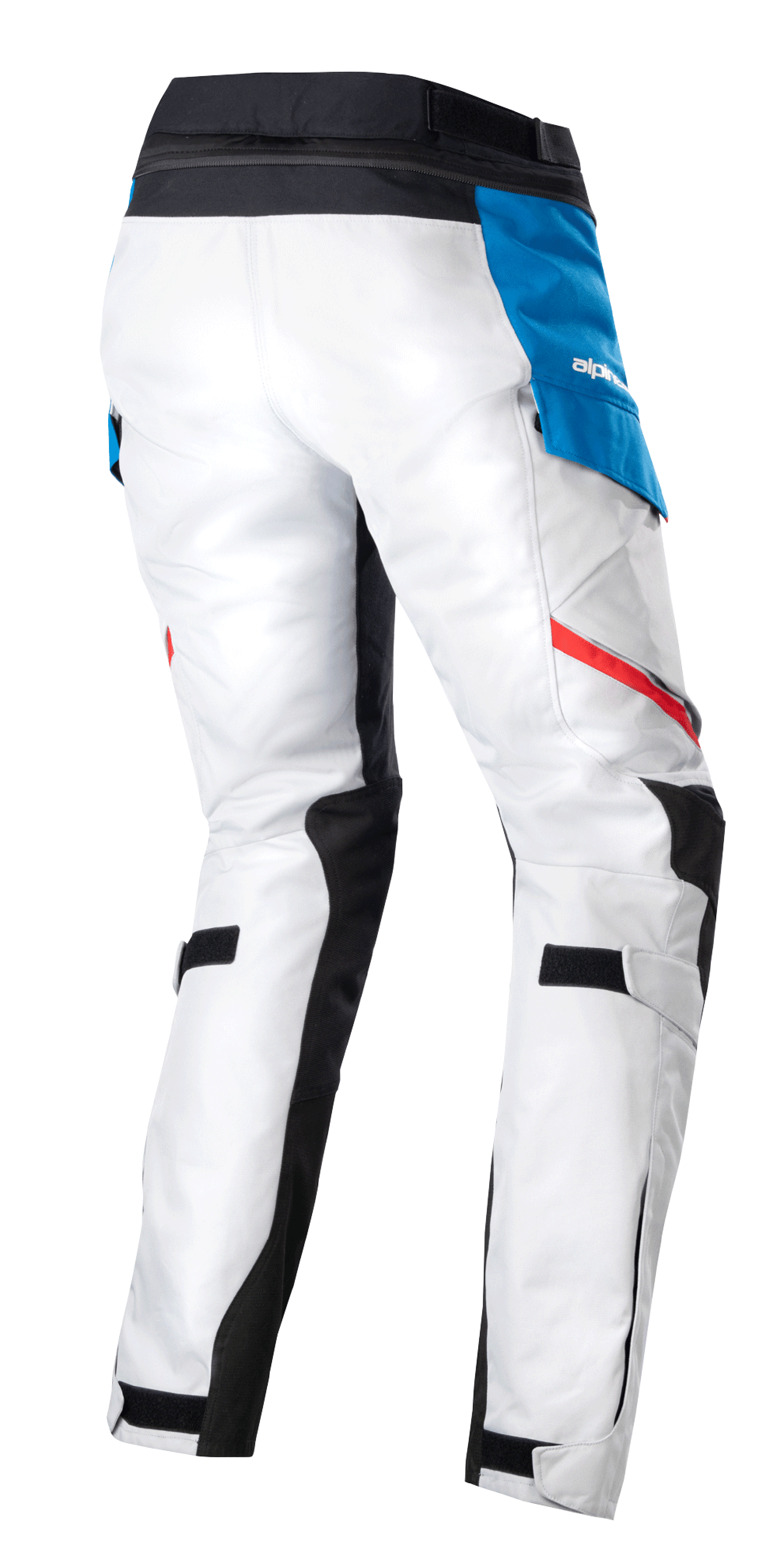 Spodnie damskie Alpinestars Stella Honda Andes V3 Drystar®, turystyczne spodnie motocyklowe Adventure, Ice Gray Blue Bright Red, widok z tyłu przedstawiający jasnoszarą konstrukcję tekstylną, niebieską kieszeń boczną z białym logo, czarny pas i czerwone akcentujące paski