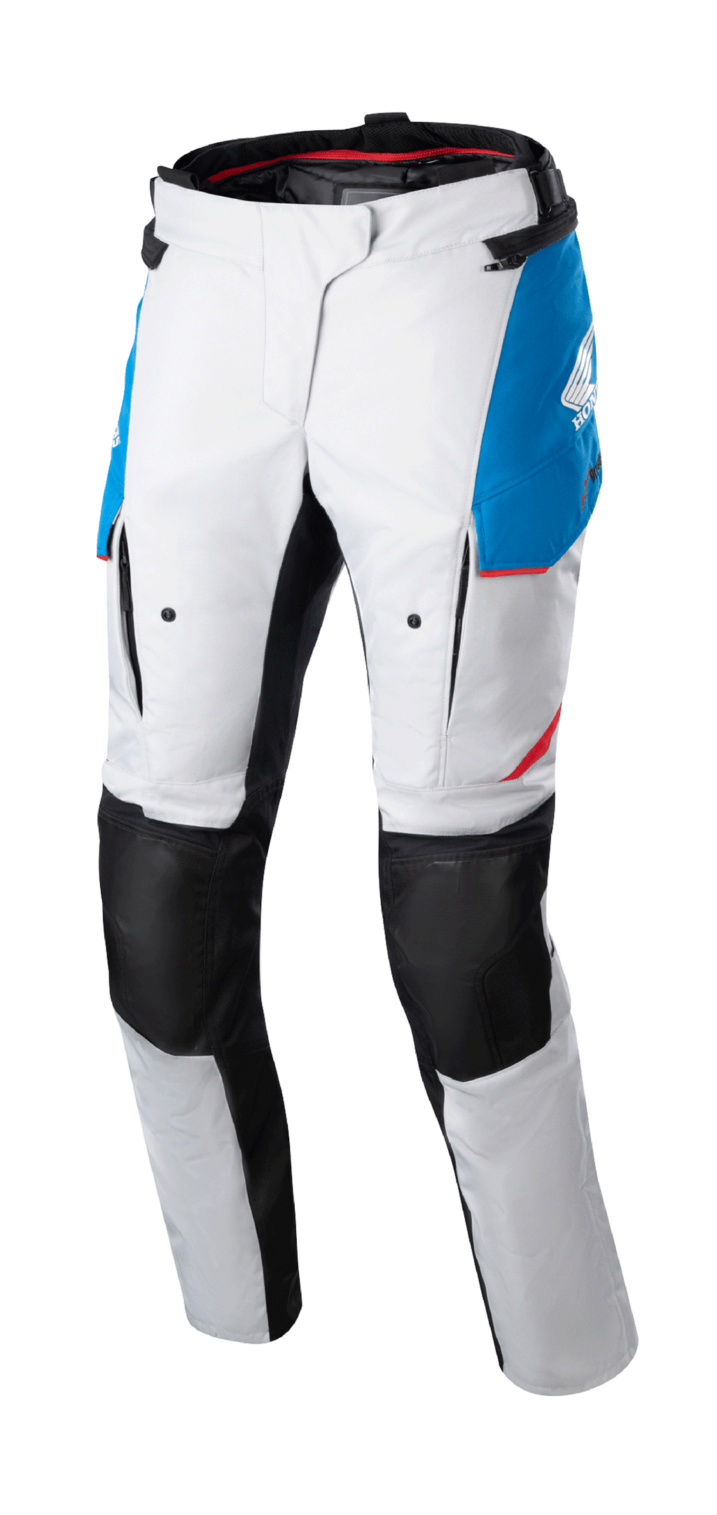 Alpinestars Stella Honda Andes V3 Drystar®, damskie spodnie motocyklowe turystyczne, kolor lodowy szary z niebieskimi i jaskrawoczerwonymi akcentami, czarne wzmocnione panele na kolanach, kieszenie cargo i branding Honda, wodoodporna konstrukcja adventure