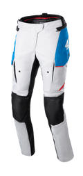 Alpinestars Stella Honda Andes V3 Drystar®, damskie spodnie motocyklowe turystyczne, kolor lodowy szary z niebieskimi i jaskrawoczerwonymi akcentami, czarne wzmocnione panele na kolanach, kieszenie cargo i branding Honda, wodoodporna konstrukcja adventure