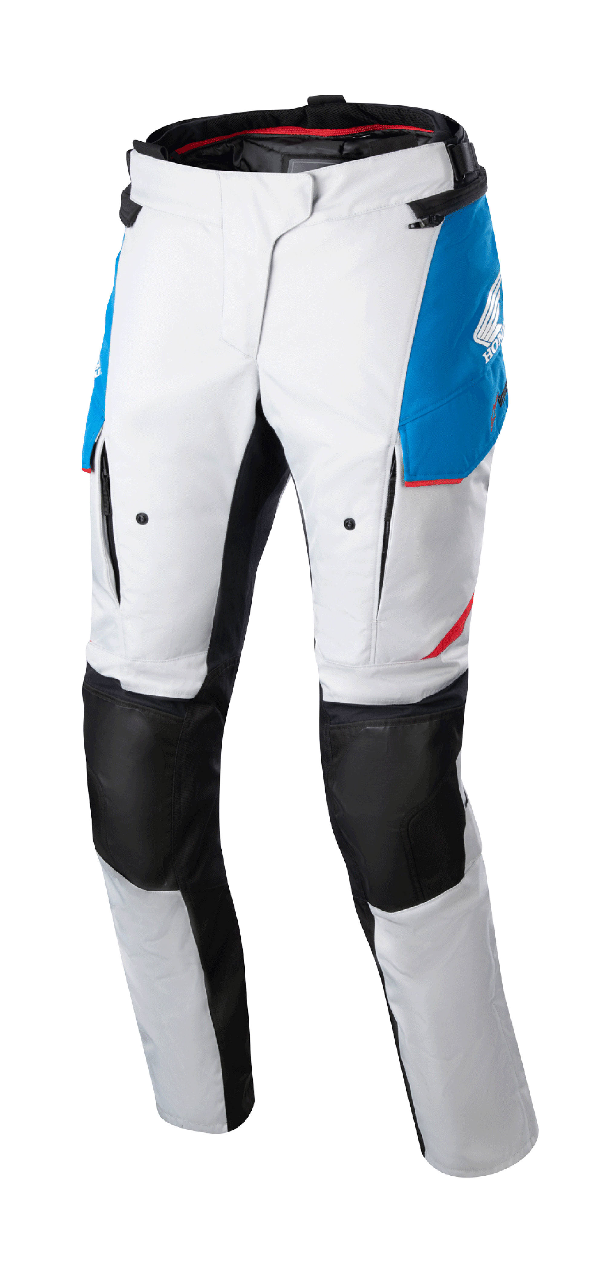 Alpinestars Stella Honda Andes V3 Drystar®, damskie spodnie motocyklowe turystyczne, kolor lodowy szary z niebieskimi i jaskrawoczerwonymi akcentami, czarne wzmocnione panele na kolanach, kieszenie cargo i branding Honda, wodoodporna konstrukcja adventure