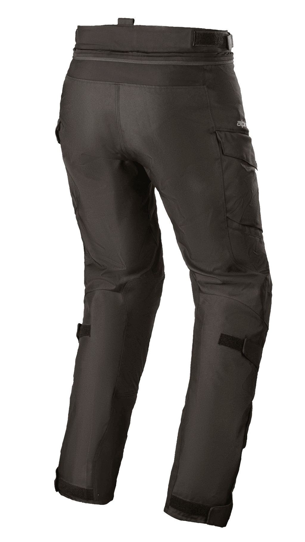 Damskie spodnie Alpinestars Stella Andes V3 Drystar®, motocyklowe spodnie turystyczne adventure, czarne, widok z tyłu przedstawiający kieszenie cargo i regulowane paski na łydkach, wytrzymała konstrukcja tekstylna z wodoodporną technologią Drystar®