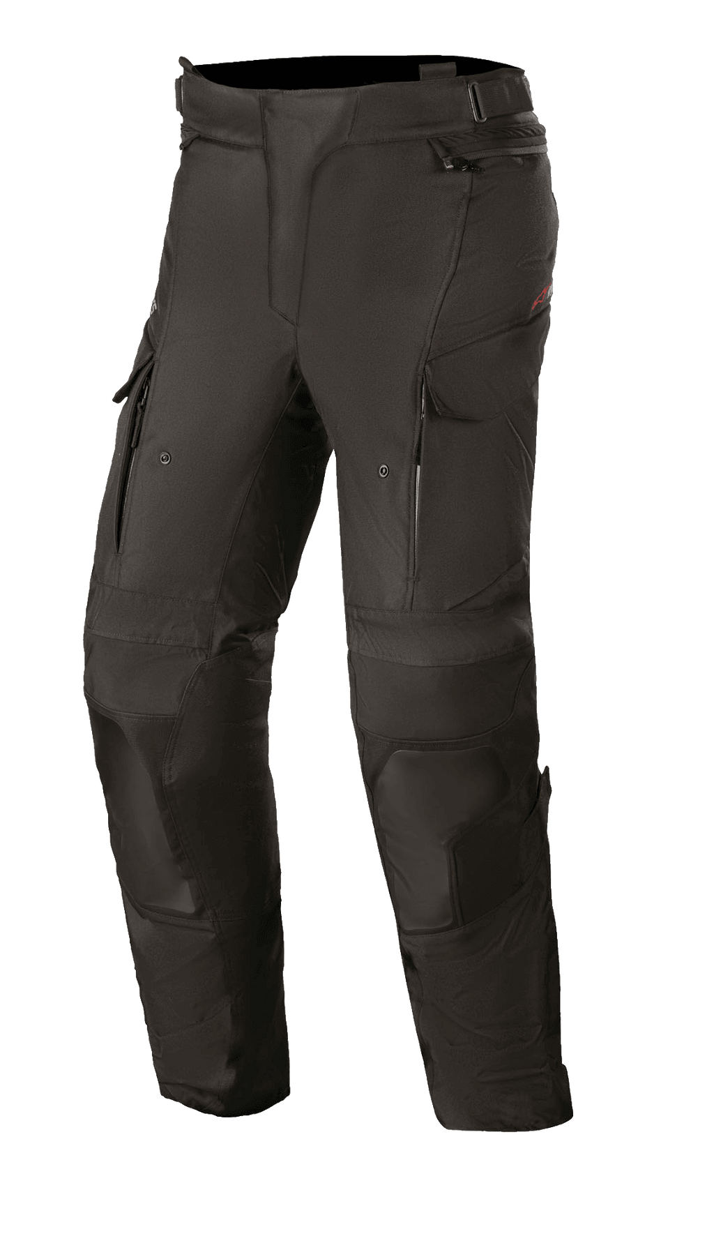 Alpinestars Stella Andes V3 Drystar, damskie spodnie motocyklowe turystyczne, czarne, wodoodporna i oddychająca konstrukcja tekstylna, wzmocnione panele na kolanach i udach, otwory wentylacyjne na udach zapinane na zamek, kieszenie cargo i regulowany pas do jazdy typu adventure.