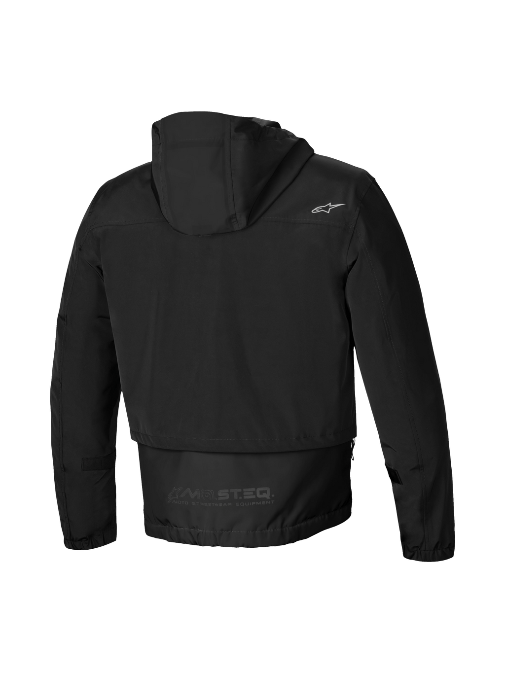 Alpinestars Parka Mootant Wodoodporna, męska czarna kurtka motocyklowa, widok z tyłu pokazujący kaptur, przedłużony tył oraz odblaskowy napis MO.ST.EQ.