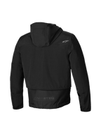Alpinestars Parka Mootant Wodoodporna, męska czarna kurtka motocyklowa, widok z tyłu pokazujący kaptur, przedłużony tył oraz odblaskowy napis MO.ST.EQ.