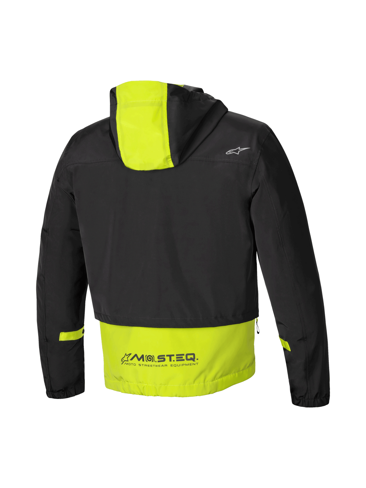 Alpinestars Mootant Waterproof Parka, modularna kurtka motocyklista, widok z tyłu przedstawiający kaptur i branding MO.ST.EQ., czarna i zielona, certyfikowana CE