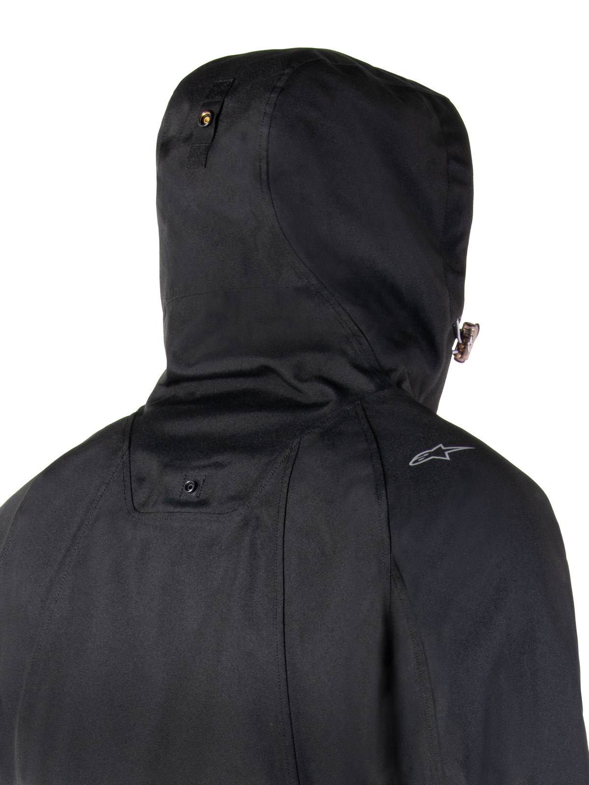 Alpinestars Parka Morush Wodoodporna, miejska kurtka motocyklowa, czarna, wodoodporny kaptur z systemem mocowania na zatrzask.