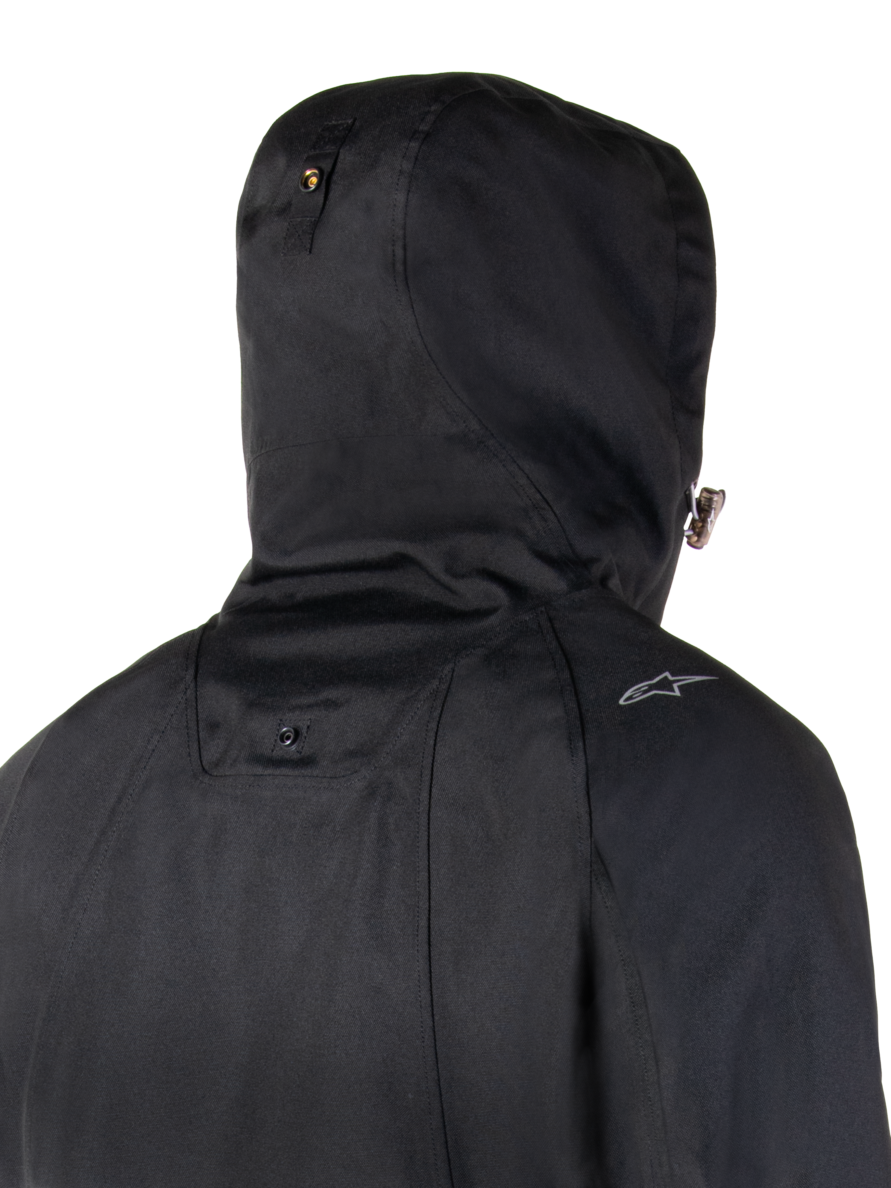 Alpinestars Morush Waterproof Parka, Urban Motorcycle Jacket, Black, featuring a stormproof hood with snap button anchor.
