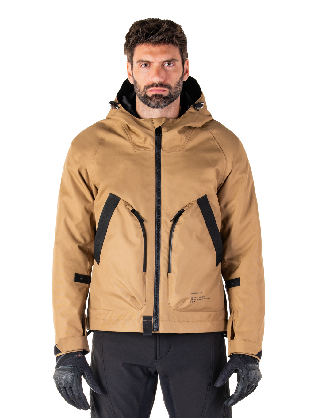 Alpinestars Morush Waterproof Parka, Utility Brown and Black Hooded Motorcycle Jacket, Urban Riding Gear, Front View with Black Zipper and Large Angled Pockets