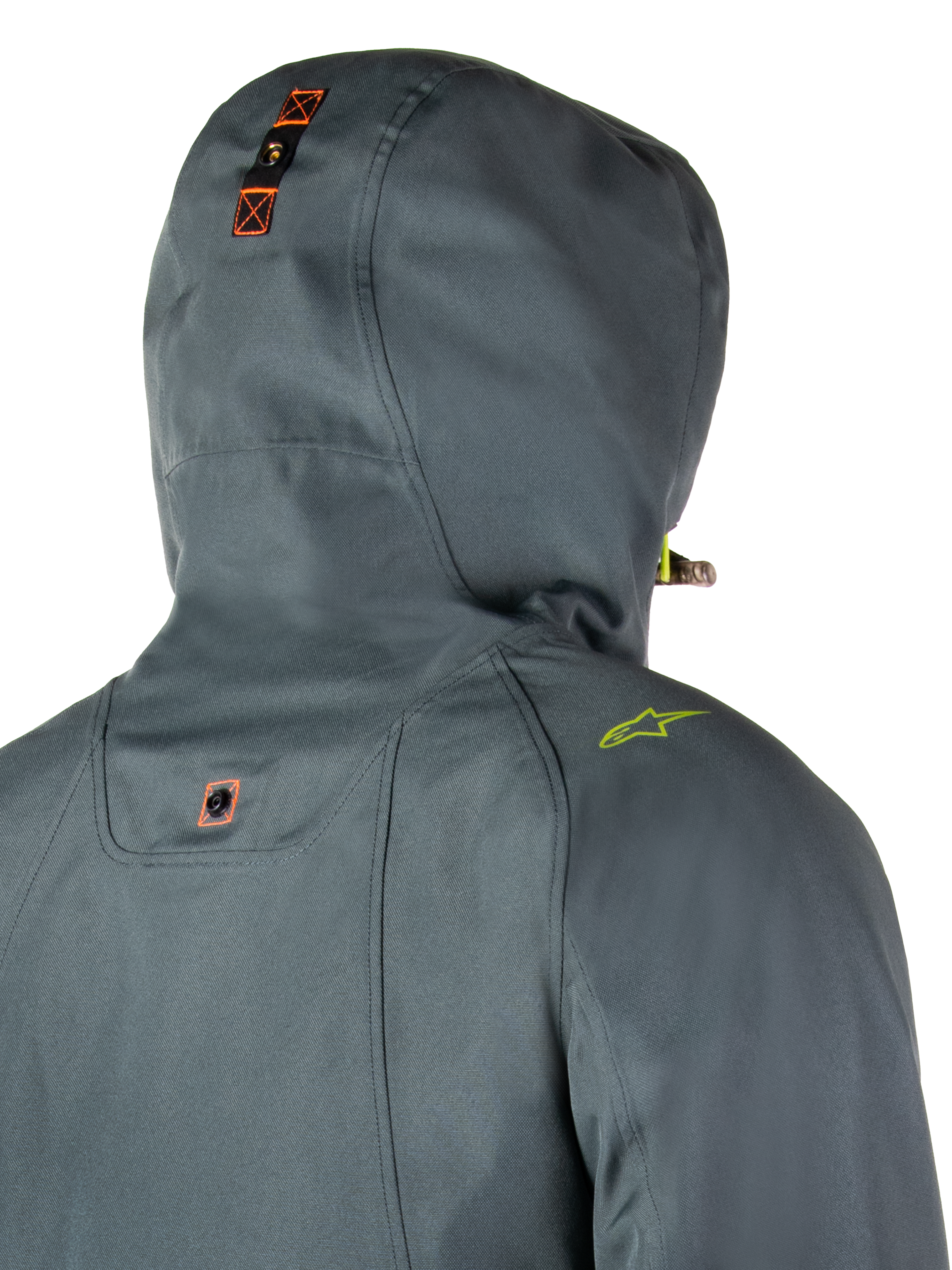 Alpinestars Morush Waterproof Parka, Urban Gray, detailed rear view of hood with snap-button anchor system and orange accents, lime green shoulder logo, waterproof urban motorcycle streetwear