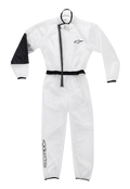 Alpinestars Youth Kart Rain Suit, przezroczysty wodoodporny kombinezon, bezbarwny z czarnymi akcentami, wzmocniony czarny panel na prawym łokciu, asymetryczny zamek z przodu, elastyczny pas i mankiety, logo Alpinestars na klatce piersiowej i nogawce, specjalistyczna odzież do kartingu na deszcz