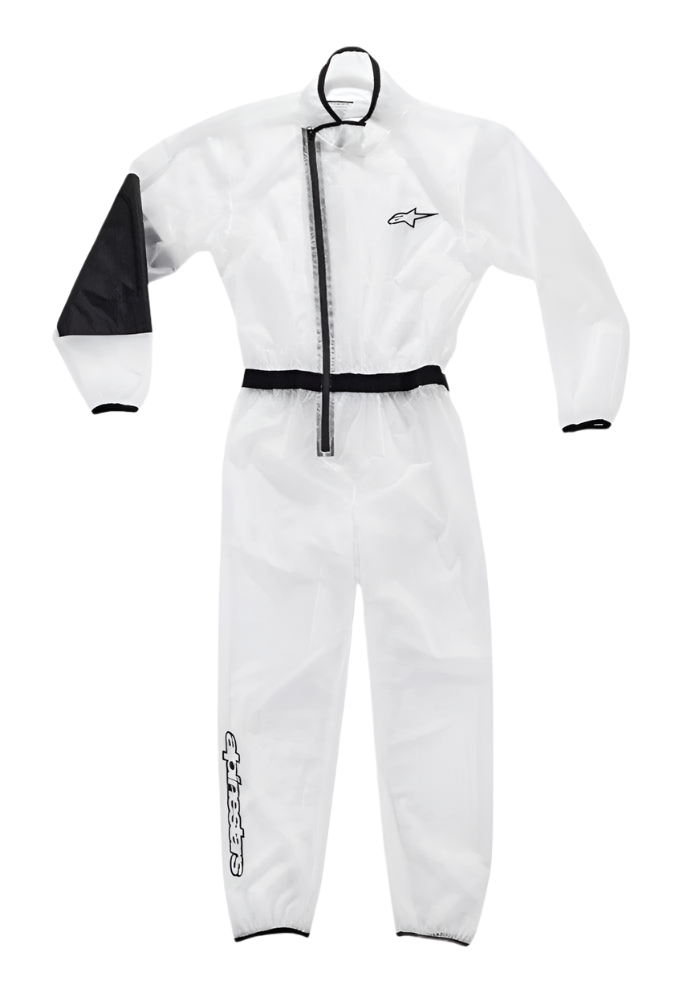 Alpinestars Youth Kart Rain Suit, przezroczysty wodoodporny kombinezon, bezbarwny z czarnymi akcentami, wzmocniony czarny panel na prawym łokciu, asymetryczny zamek z przodu, elastyczny pas i mankiety, logo Alpinestars na klatce piersiowej i nogawce, specjalistyczna odzież do kartingu na deszcz