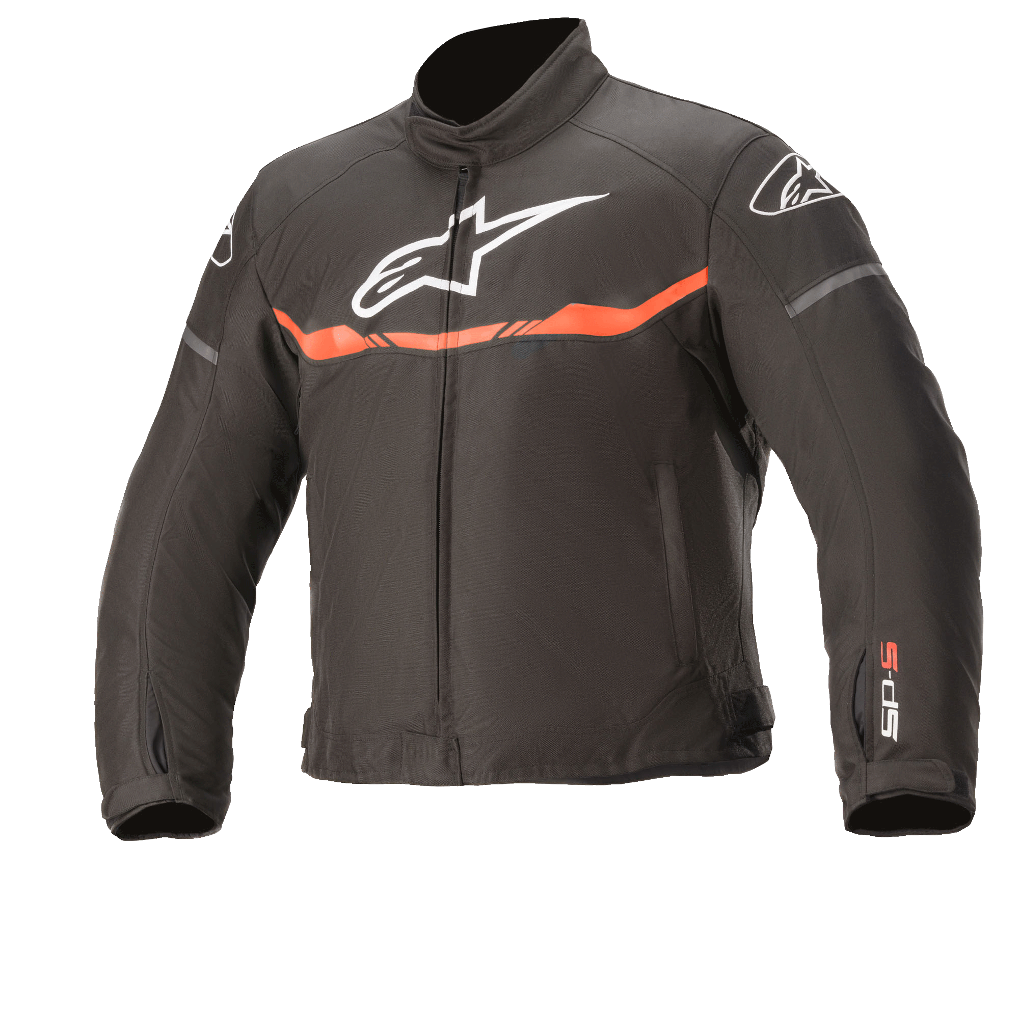 Alpinestars Youth T-Sp S Waterproof Jacket, kurtka motocyklowa, czarna z fluorescencyjną czerwienią, białe logo na klatce piersiowej, poziomy czerwony pas fluo, branding SP-S na rękawie, wytrzymała wodoodporna konstrukcja tekstylna dla młodych motocyklistów