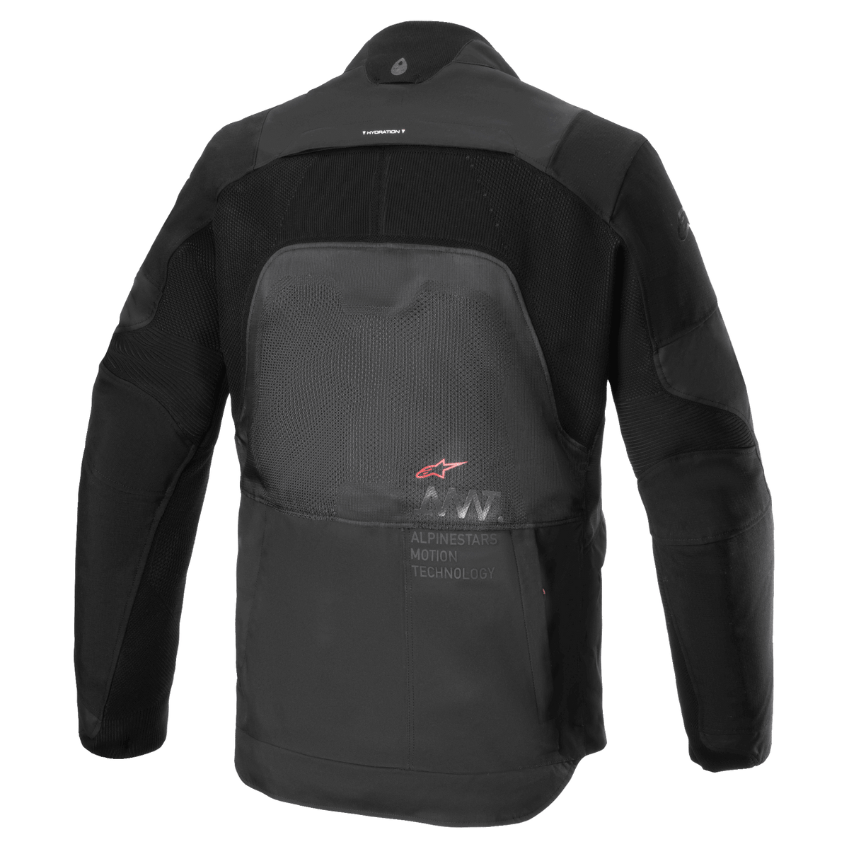 Kurtka Alpinestars AMT-7 Air, kurtka motocyklowa, kolor Black Dark Shadow, widok z tyłu ukazujący panele wentylacyjne MATRYX na plecach, materiał CORDURA Ripstop na ramionach i rękawach oraz branding Alpinestars Motion Technology.