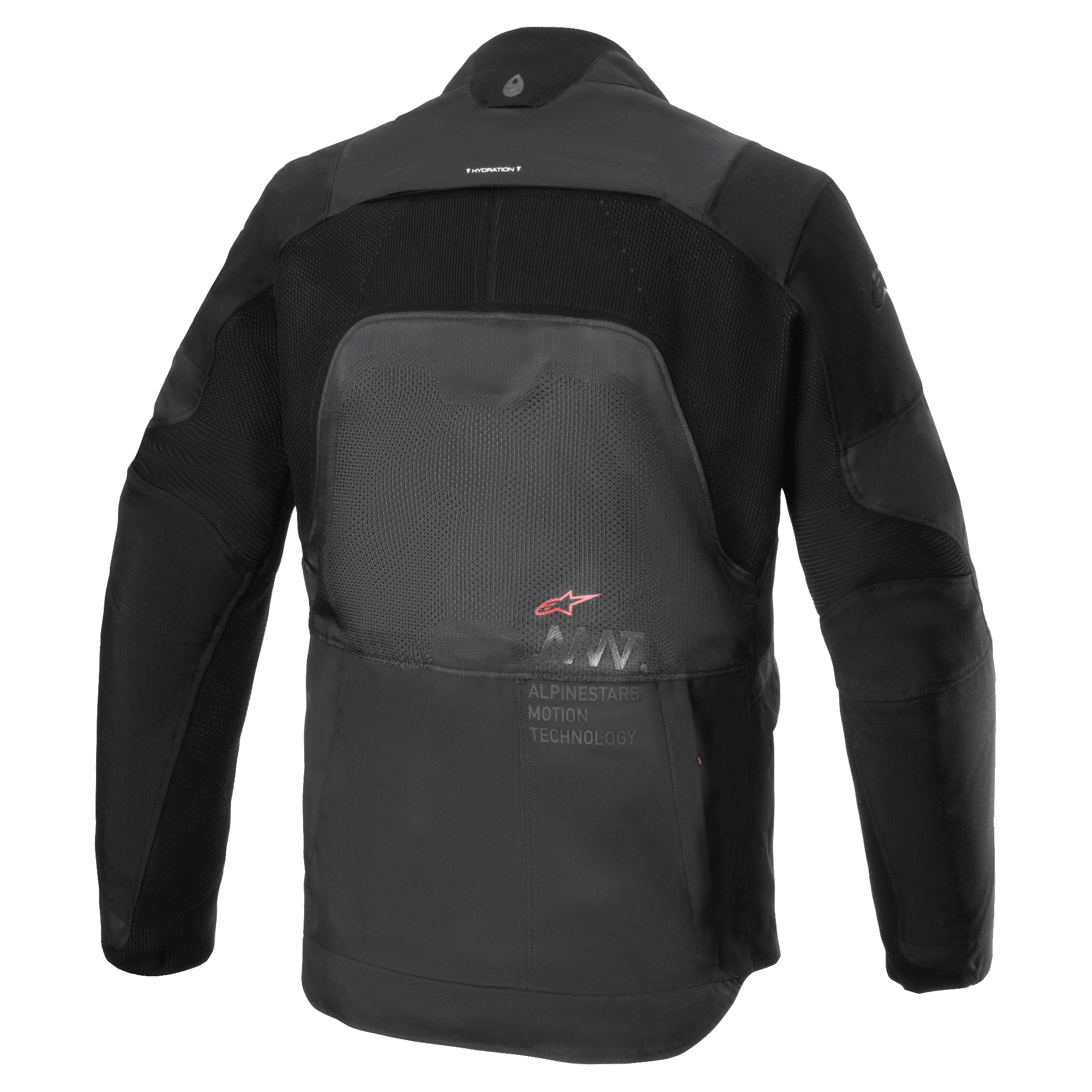 Kurtka Alpinestars AMT-7 Air, kurtka motocyklowa, kolor Black Dark Shadow, widok z tyłu ukazujący panele wentylacyjne MATRYX na plecach, materiał CORDURA Ripstop na ramionach i rękawach oraz branding Alpinestars Motion Technology.