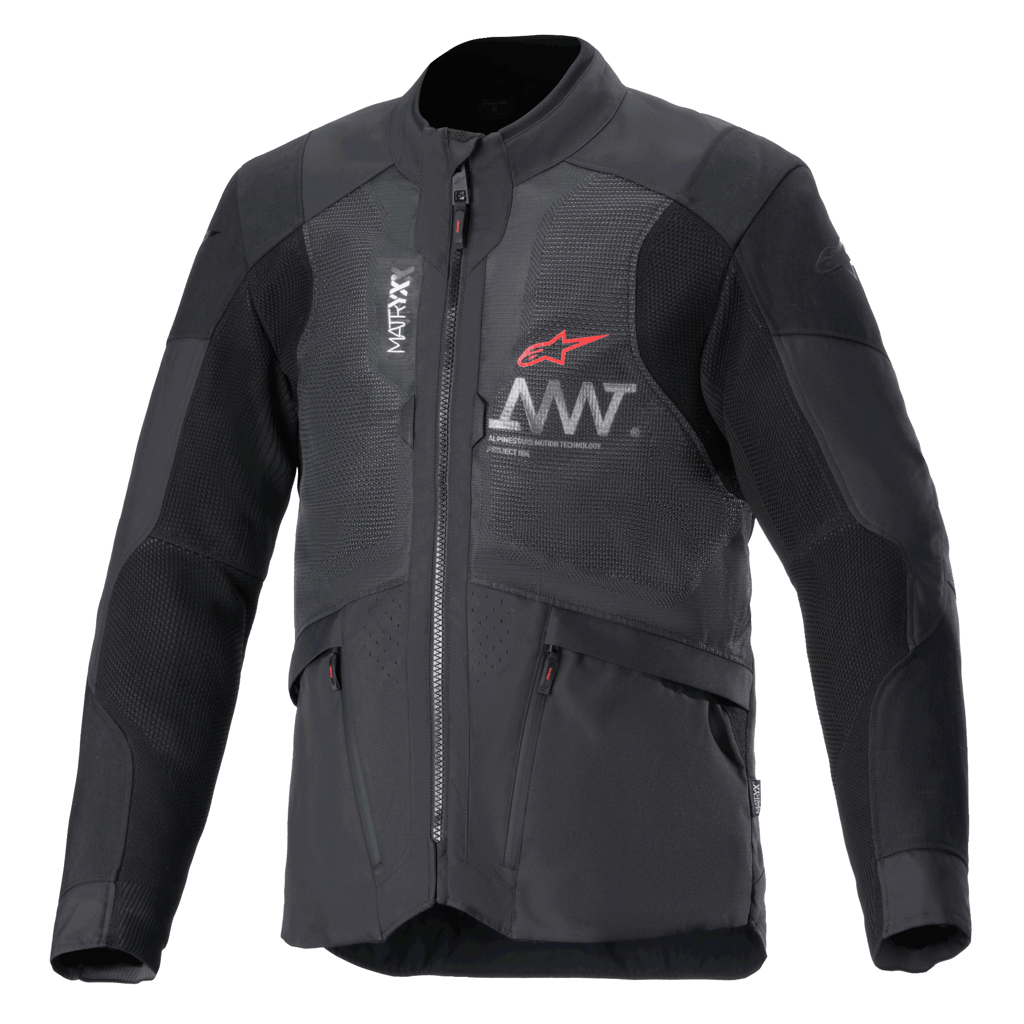 Alpinestars AMT-7 Air Jacket, kurtka motocyklowa, czarna i Dark Shadow, panele wentylacyjne z siatki MATRYX na klatce piersiowej, czerwone logo gwiazdy ze srebrnym brandingiem AMT, przednie kieszenie cargo na zamek, tekstylny design adventure i road touring