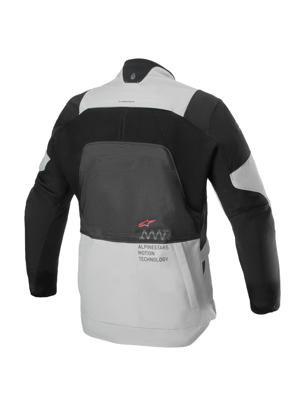 Kurtka Alpinestars AMT-7 Air, widok z tyłu, kolor Tan i Dark Shadow, techniczna kurtka motocyklowa z dużym panelem siatkowym MATRYX® na plecach, napisem „Alpinestars Motion Technology” i czerwonym logo, zaprojektowana do letniej turystyki adventure