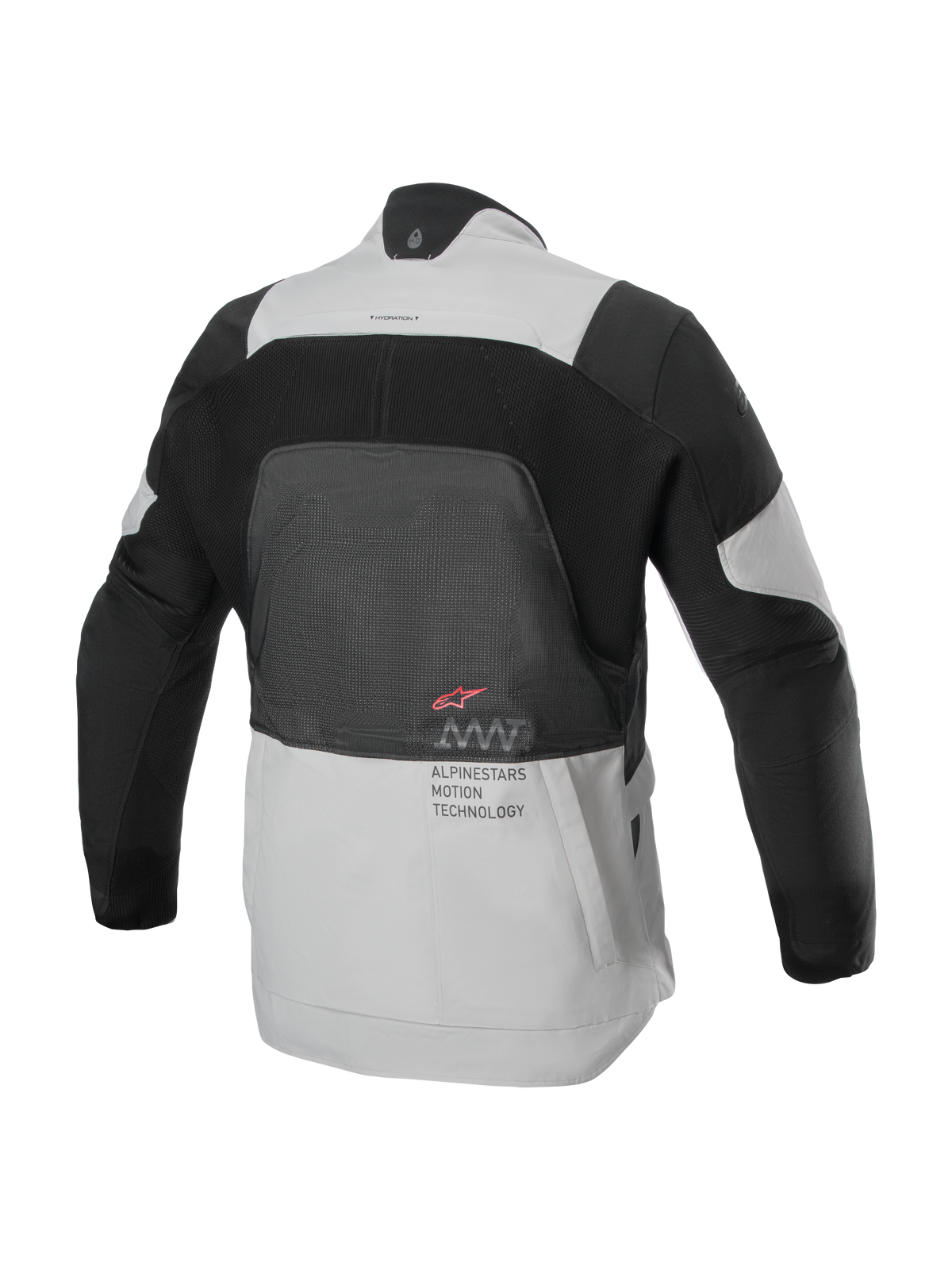 Kurtka Alpinestars AMT-7 Air, widok z tyłu, kolor Tan i Dark Shadow, techniczna kurtka motocyklowa z dużym panelem siatkowym MATRYX® na plecach, napisem „Alpinestars Motion Technology” i czerwonym logo, zaprojektowana do letniej turystyki adventure