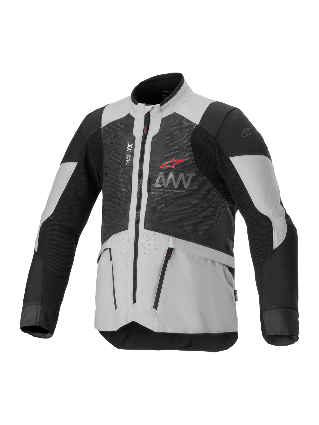 Alpinestars AMT-7 Air Jacket, wentylowana kurtka motocyklowa, czarno-biała, panele wentylacyjne MATRYX, kieszenie na zamek i wysoki kołnierz, sportowy design z czerwonym logo Alpinestars