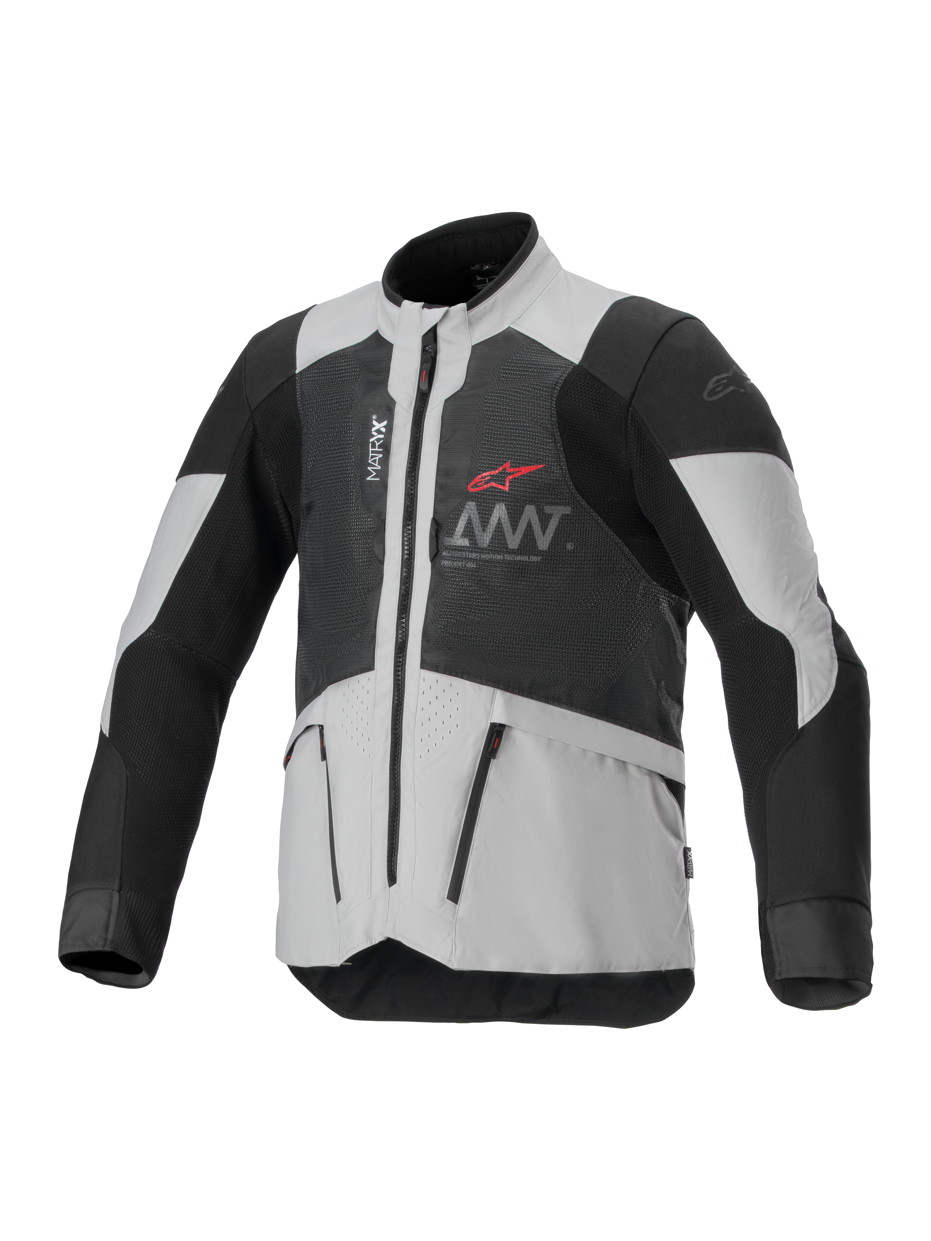 Alpinestars AMT-7 Air Jacket, wentylowana kurtka motocyklowa, czarno-biała, panele wentylacyjne MATRYX, kieszenie na zamek i wysoki kołnierz, sportowy design z czerwonym logo Alpinestars