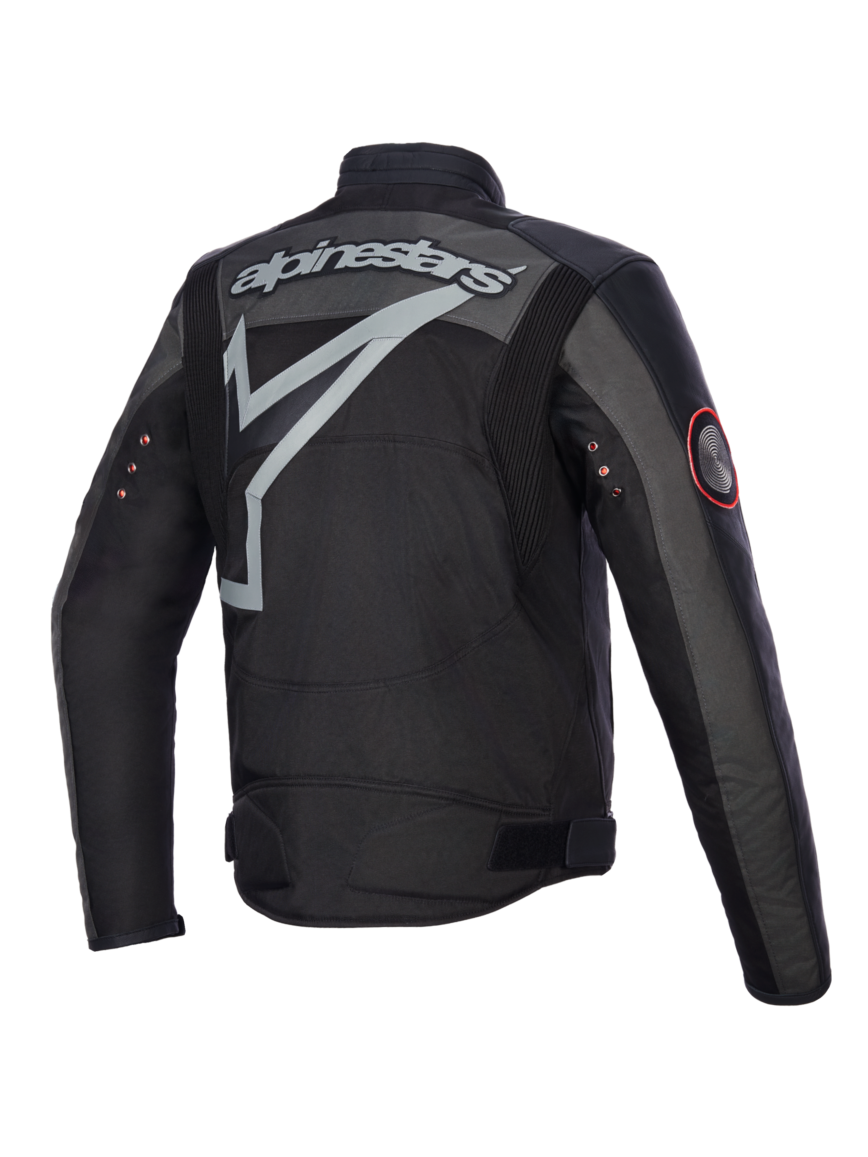 Alpinestars Axton Jacket, Motorcycle Jacket, Black Anthracite Red Tangerine, back view showing large grey wrap-around logo and wordmark, accordion shoulder panels, and vintage metal eyelets on sleeves, textile and leather construction.