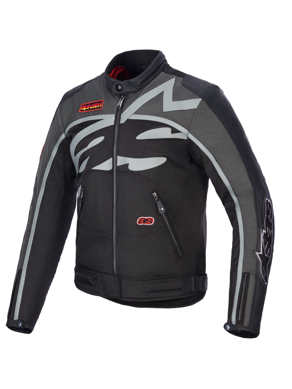 Alpinestars Axton Jacket, Motorcycle Jacket, Black Anthracite Red Tangerine, featuring a large grey wrap-around logo on the chest, red branded patches, textile and leather construction, vintage racing-inspired design for urban and road riding
