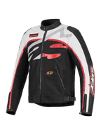 Alpinestars Axton Jacket, Motorcycle Jacket, Black Off White and Bright Red, vintage racing-inspired design with bold wrap-around Alpinestars logo, textile and leather construction, zippered pockets and biker collar