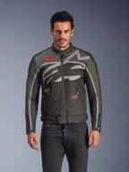 Alpinestars Axton Jacket, Men's Urban Motorcycle Jacket, Black and Anthracite with red accents, featuring a large wrap-around light gray graphic, red logo patches on the chest and pocket, front zipper and zippered cuffs, vintage-inspired racing design for street riding