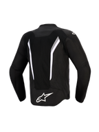 Alpinestars AST V3 Air Jacket, widok z tyłu, czarna z białymi i ciemnoszarymi akcentami, duży siatkowy panel wentylacyjny, białe logo Alpinestars w dolnej części pleców, strefy perforowane laserowo, techniczna sportowa kurtka motocyklowa