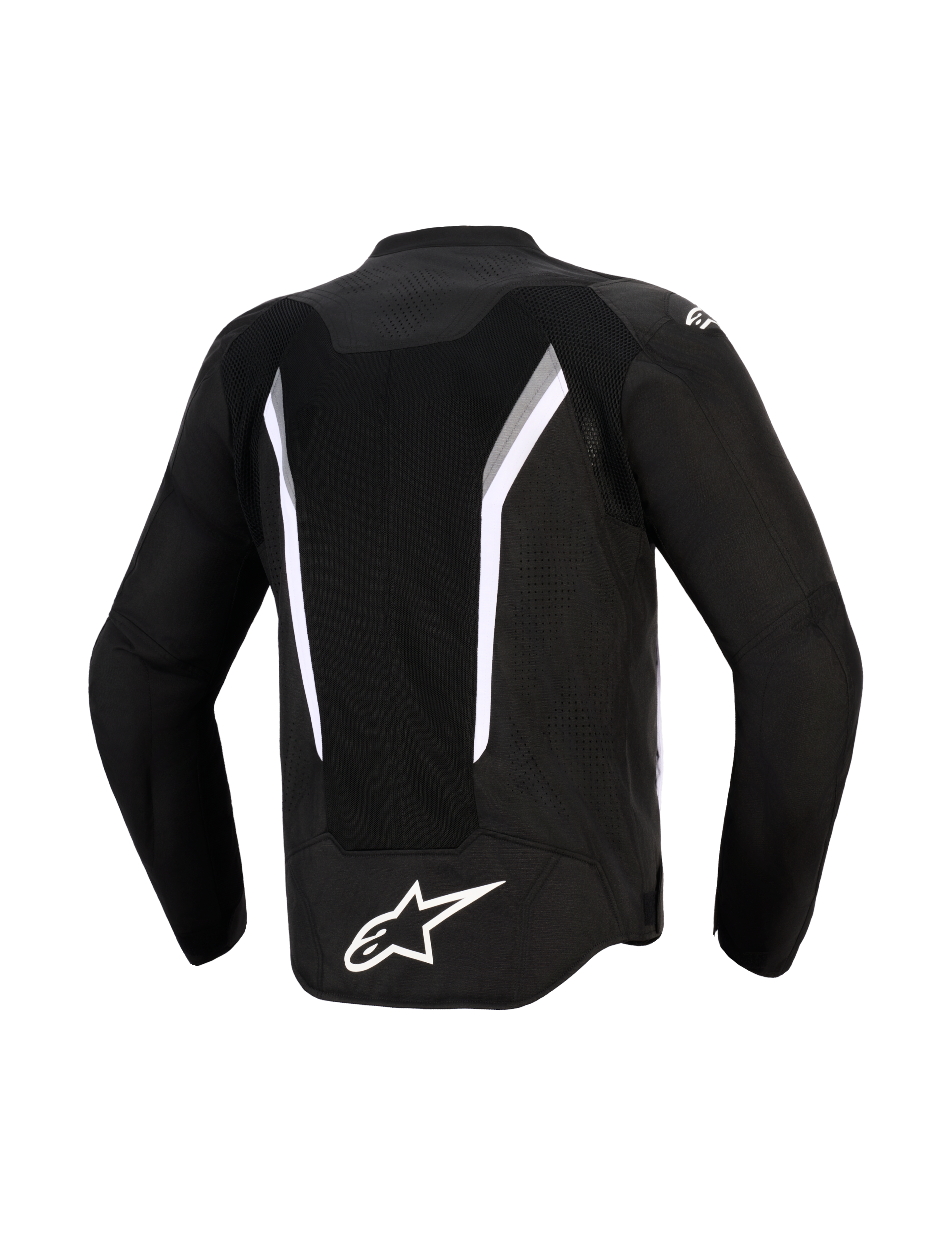 Alpinestars AST V3 Air Jacket, widok z tyłu, czarna z białymi i ciemnoszarymi akcentami, duży siatkowy panel wentylacyjny, białe logo Alpinestars w dolnej części pleców, strefy perforowane laserowo, techniczna sportowa kurtka motocyklowa