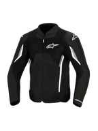 Alpinestars AST V3 Air Jacket, kurtka motocyklowa, czarna, ciemnoszara i biała, widok z przodu z siatkowymi panelami wentylacyjnymi, białe logo Alpinestars na klatce piersiowej i ślizgaczach ramion, sportowy design z białymi i szarymi akcentami na rękawach