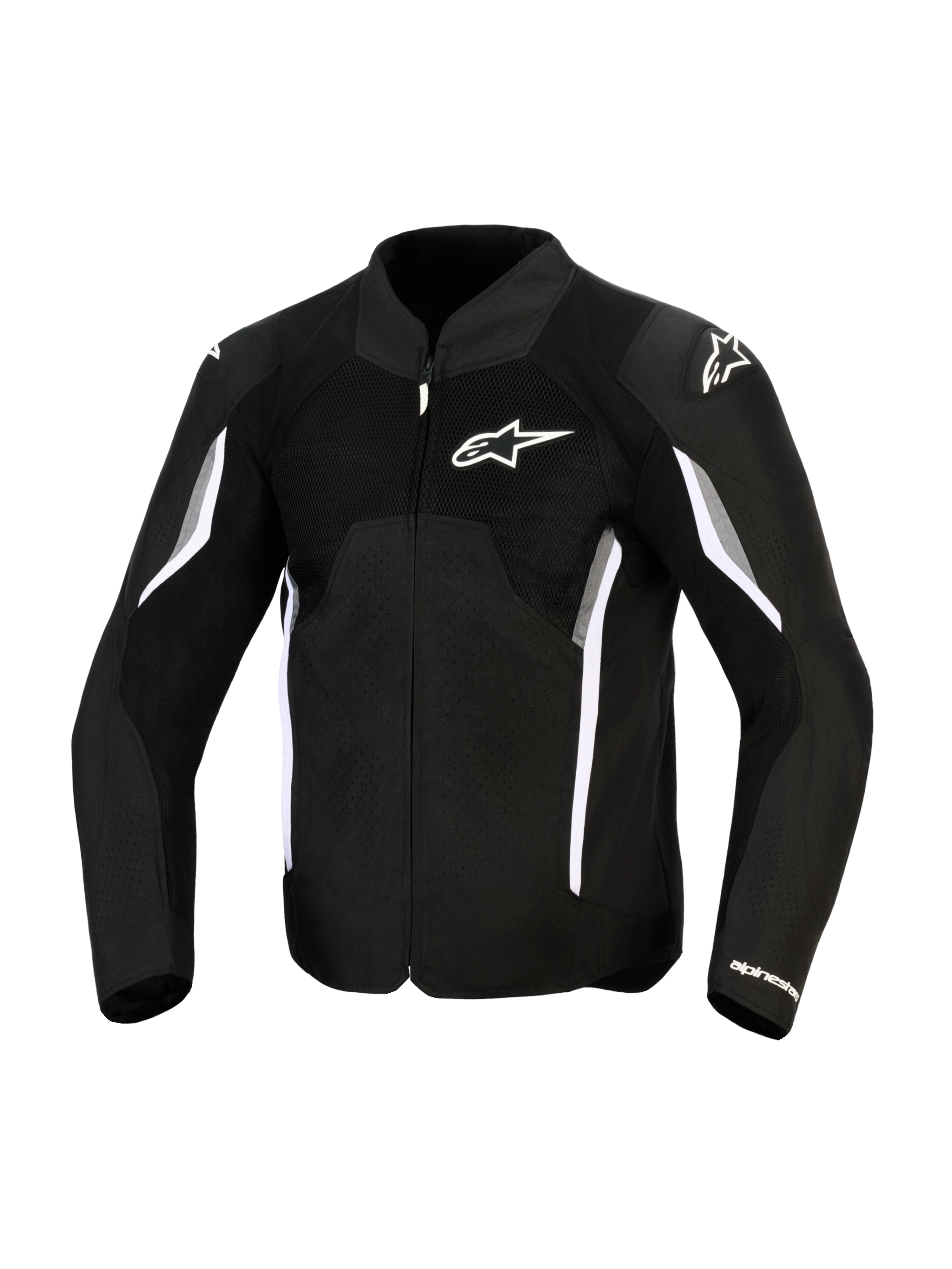 Alpinestars AST V3 Air Jacket, kurtka motocyklowa, czarna, ciemnoszara i biała, widok z przodu z siatkowymi panelami wentylacyjnymi, białe logo Alpinestars na klatce piersiowej i ślizgaczach ramion, sportowy design z białymi i szarymi akcentami na rękawach