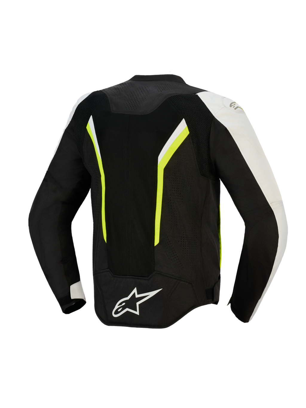 Alpinestars AST V3 Air Jacket, widok z tyłu, czarna, srebrna i żółta fluo, tekstylna kurtka motocyklowa z dużymi panelami z siatki mesh zapewniającymi przepływ powietrza, fluorescencyjne akcenty i białe logo na dole pleców