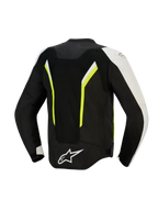 Alpinestars AST V3 Air Jacket, widok z tyłu, czarna, srebrna i żółta fluo, tekstylna kurtka motocyklowa z dużymi panelami z siatki mesh zapewniającymi przepływ powietrza, fluorescencyjne akcenty i białe logo na dole pleców