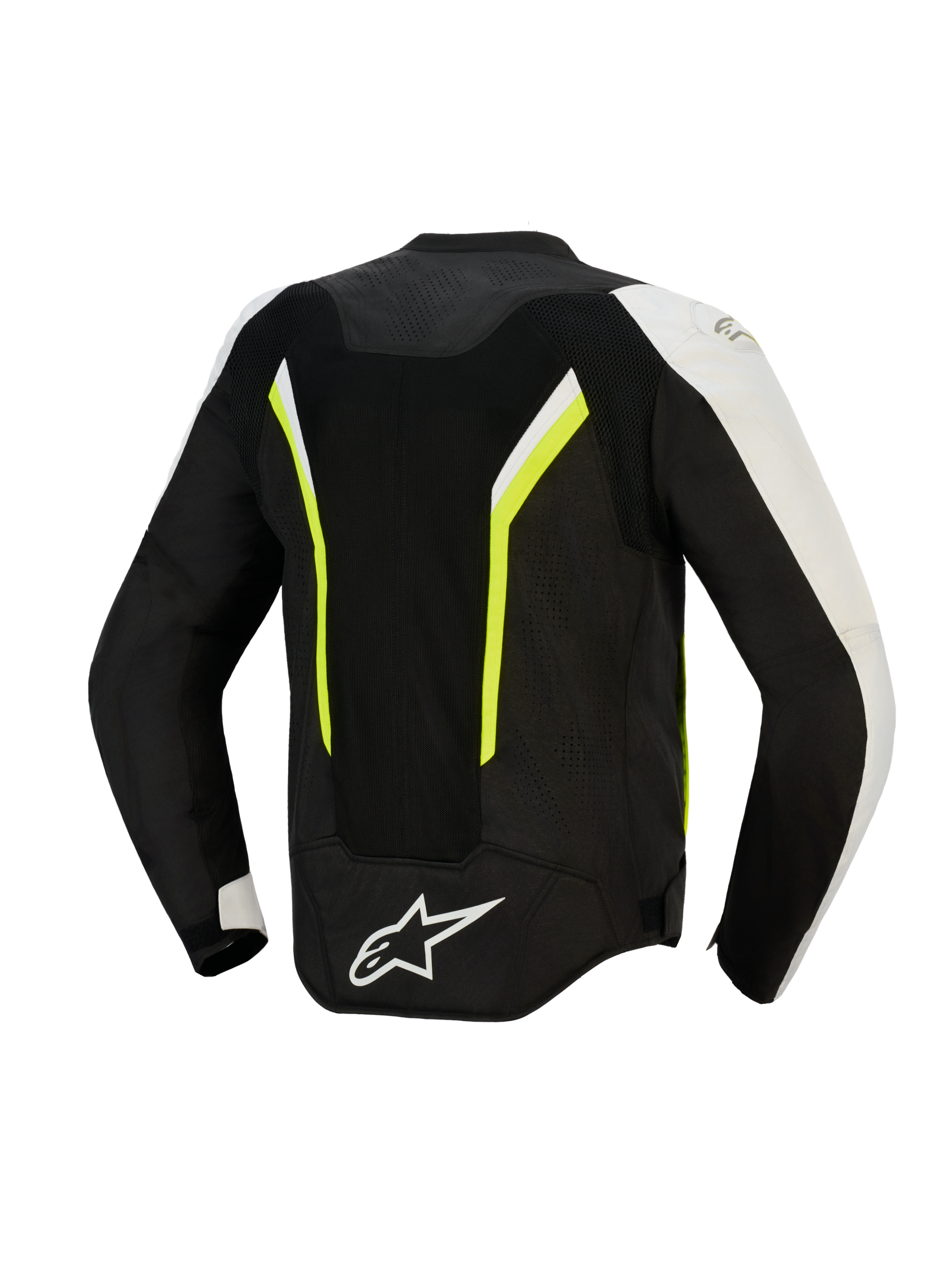 Alpinestars AST V3 Air Jacket, widok z tyłu, czarna, srebrna i żółta fluo, tekstylna kurtka motocyklowa z dużymi panelami z siatki mesh zapewniającymi przepływ powietrza, fluorescencyjne akcenty i białe logo na dole pleców