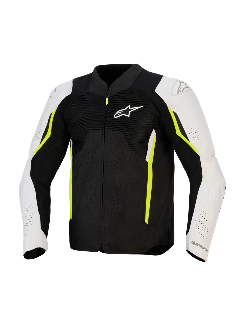 Kurtka Alpinestars AST V3 Air, motocyklowa tekstylna kurtka typu air, czarna, srebrna i neonowożółta (Yellow Fluo), widok z przodu z siatkowymi panelami wentylacyjnymi, białe rękawy z neonowożółtymi akcentami i logo Alpinestars na klatce piersiowej, sportowy design do jazdy w ciepłe dni