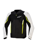 Kurtka Alpinestars AST V3 Air, motocyklowa tekstylna kurtka typu air, czarna, srebrna i neonowożółta (Yellow Fluo), widok z przodu z siatkowymi panelami wentylacyjnymi, białe rękawy z neonowożółtymi akcentami i logo Alpinestars na klatce piersiowej, sportowy design do jazdy w ciepłe dni
