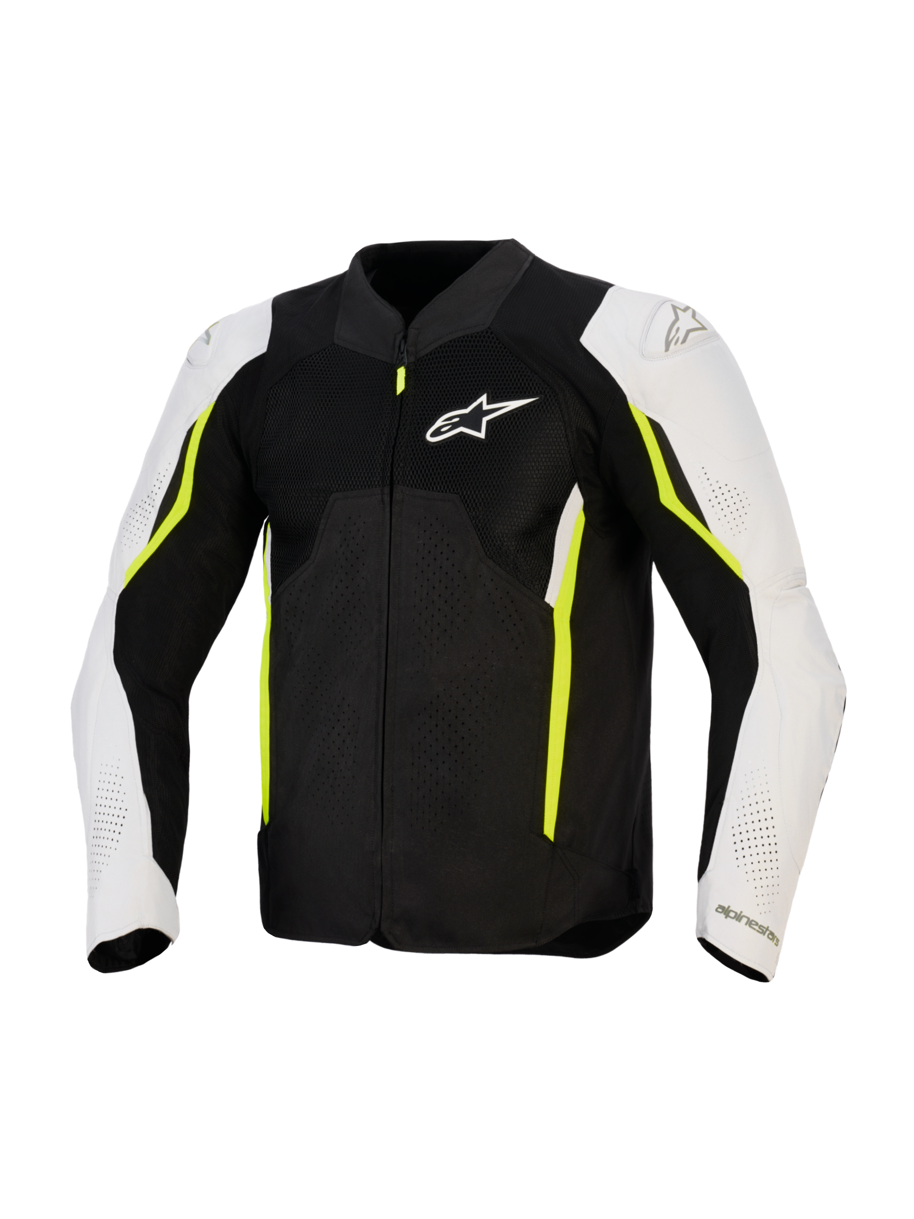 Kurtka Alpinestars AST V3 Air, motocyklowa tekstylna kurtka typu air, czarna, srebrna i neonowożółta (Yellow Fluo), widok z przodu z siatkowymi panelami wentylacyjnymi, białe rękawy z neonowożółtymi akcentami i logo Alpinestars na klatce piersiowej, sportowy design do jazdy w ciepłe dni
