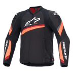 Alpinestars T-GP Plus R V4 Jacket, Black motorcycle jacket with red and fluo orange stripes, large white logo on chest, sporty textile design with red collar lining and branded sleeves, high-performance sport riding gear