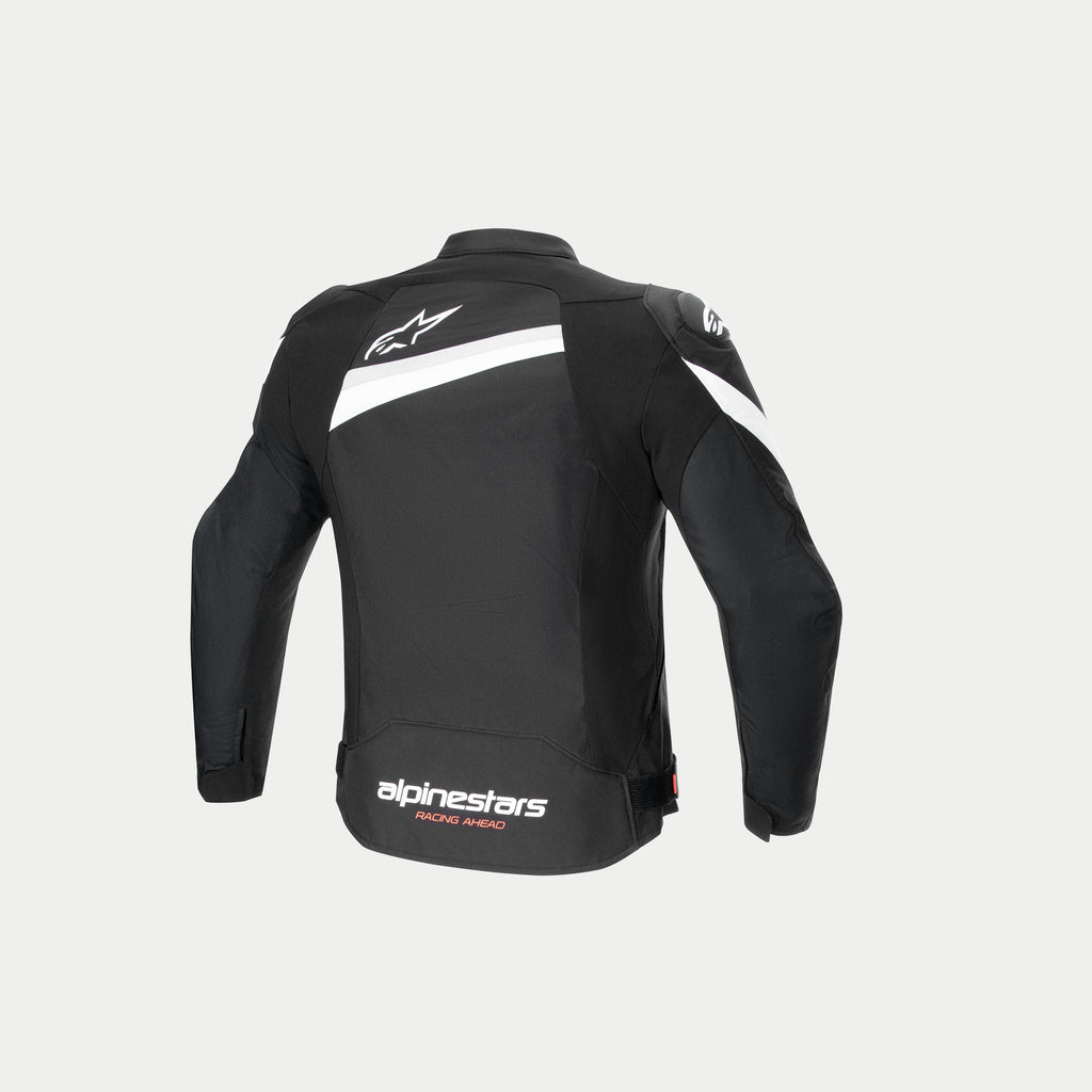 Alpinestars Kurtka T-GP Plus R V4, czarno-biała tekstylna kurtka motocyklowa, widok z tyłu przedstawiający wygięte rękawy, białe logo marki oraz konstrukcja z certyfikatem CE
