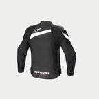 Alpinestars Kurtka T-GP Plus R V4, czarno-biała tekstylna kurtka motocyklowa, widok z tyłu przedstawiający wygięte rękawy, białe logo marki oraz konstrukcja z certyfikatem CE
